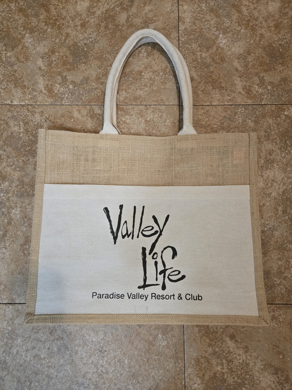 Valley Life Beige Canvas Tote Bag with White Handles